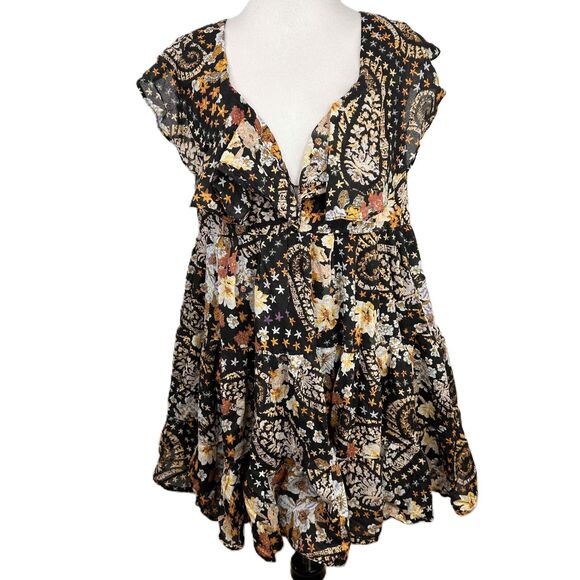 Free People Undune Mini Black Floral Ruffled V-Neck Dress Size Large - Picture 1 of 7